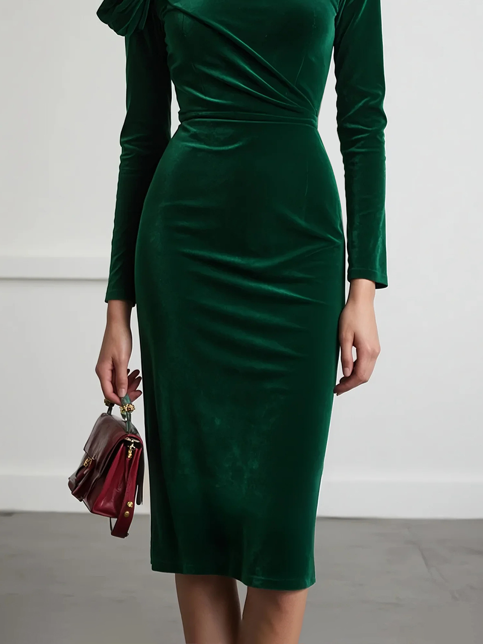 Women's Green Velvet Midi Dress with Bow Detail, Long Sleeve Bodycon Dress for Cocktail & Formal Events 23578