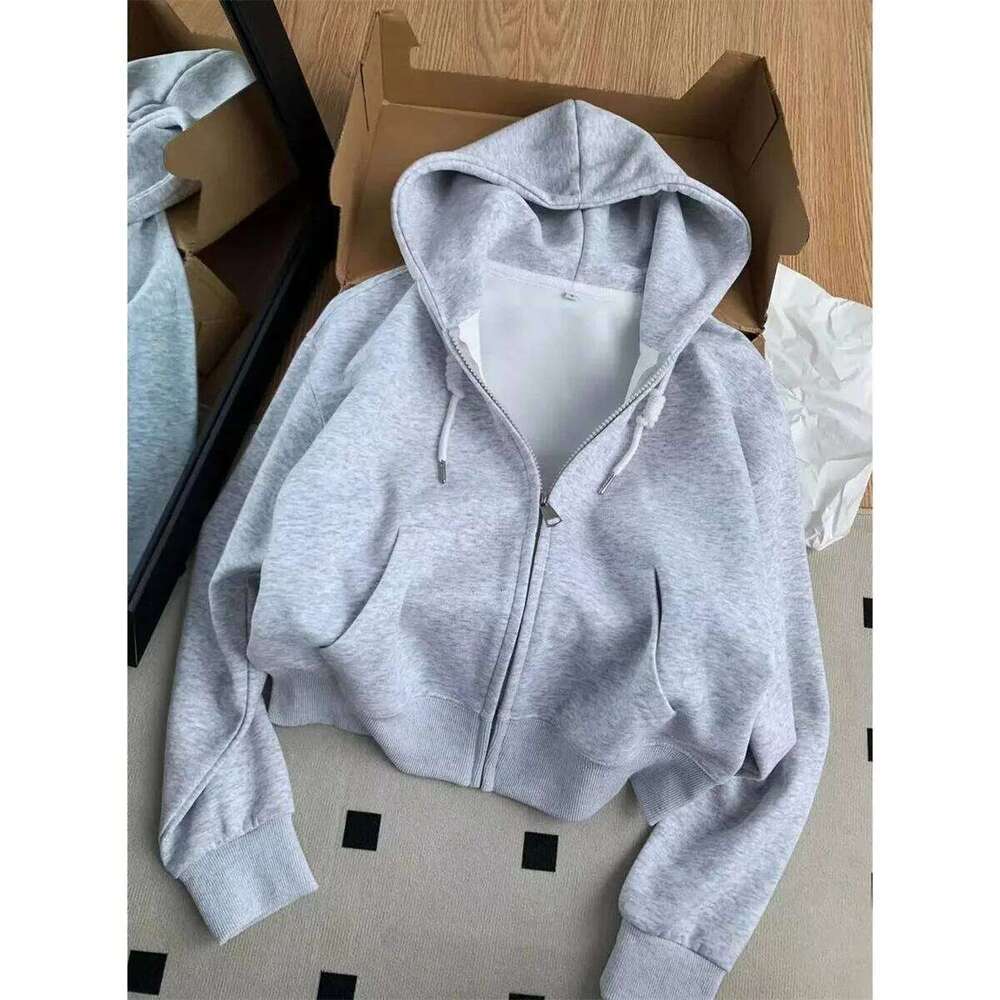 Casual Streetwear Basic Hooded Pockets Sweatshirt Tracksuit Solid Long Sleeve Hoodies Loose Autumn Spring Fashion Female Jacket