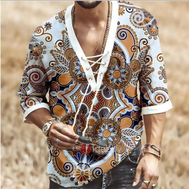 New Mens Chest Strap V-neck Mid Sleeve T-shirt with Digital Printing