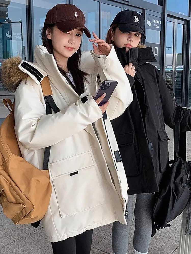 Korean Design Thicken Loose Jackets Tops Women Hooded Zipper Long Sleeve Abrigos Winter Warm Faux Fur Collar Down Cotton CoatsT251105