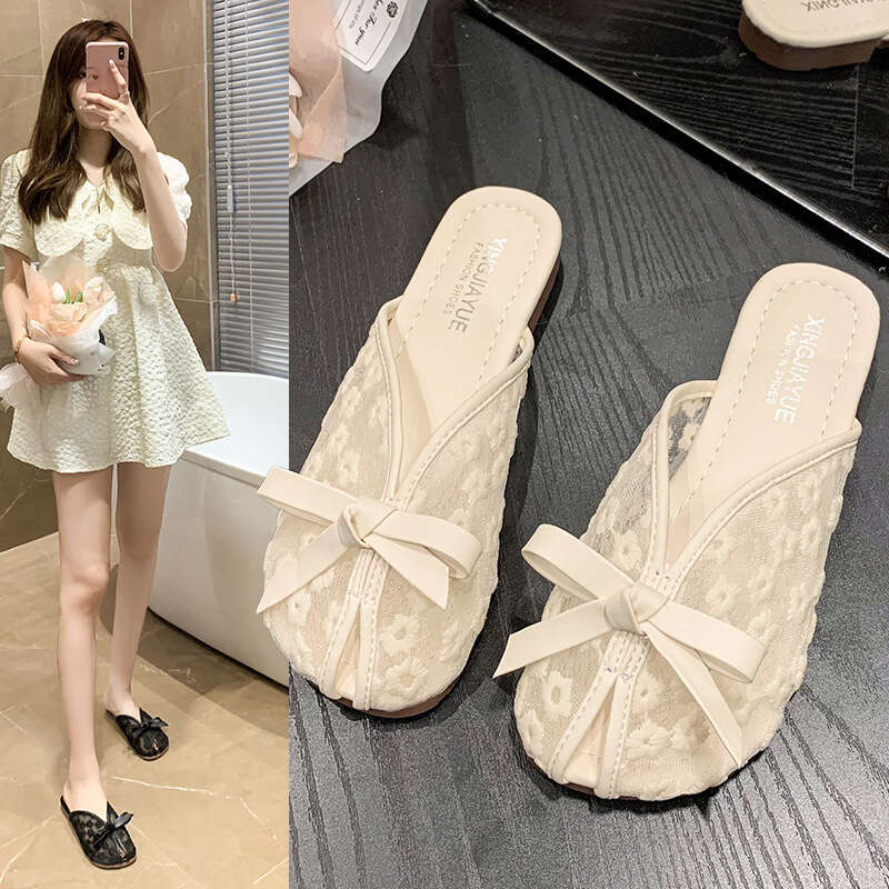 Baotou Summer 2025 New Internet Celebrity Bow Versatile Soft Bottom Half Slippers for Women Wearing Outside