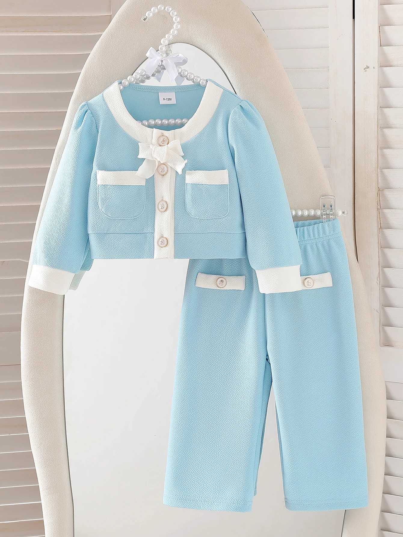 Baby girl autumn elegant style two-piece set light blue small fragrance butterfly bow top same color pants Y251105