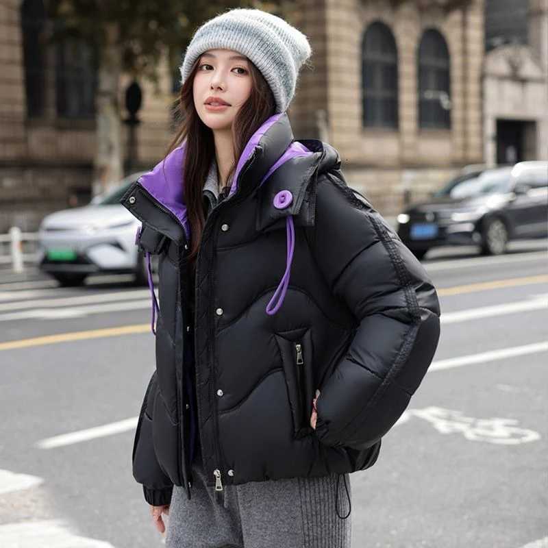 2025 Womens Winter Fashion Puffer Jacket Short Style Contrast Color Thick Warm Cotton Coat Anti Cold OuterwearT251105