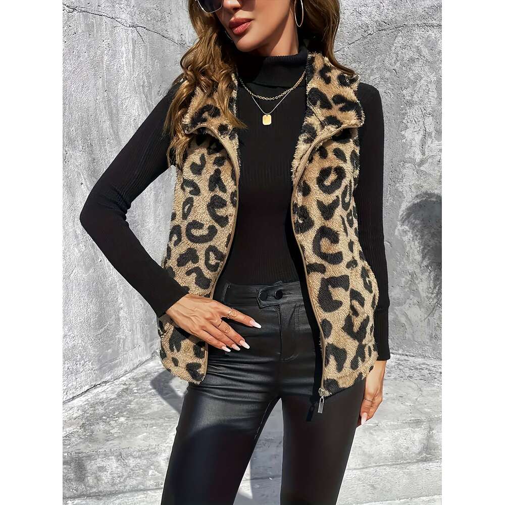 Women's Leopard Print Teddy Faux-Fur Sleeveless Vest With High Neck & Zipper Closure - Warm Winter Coat Fall/Winter, Hine Washable, Versatile Lay