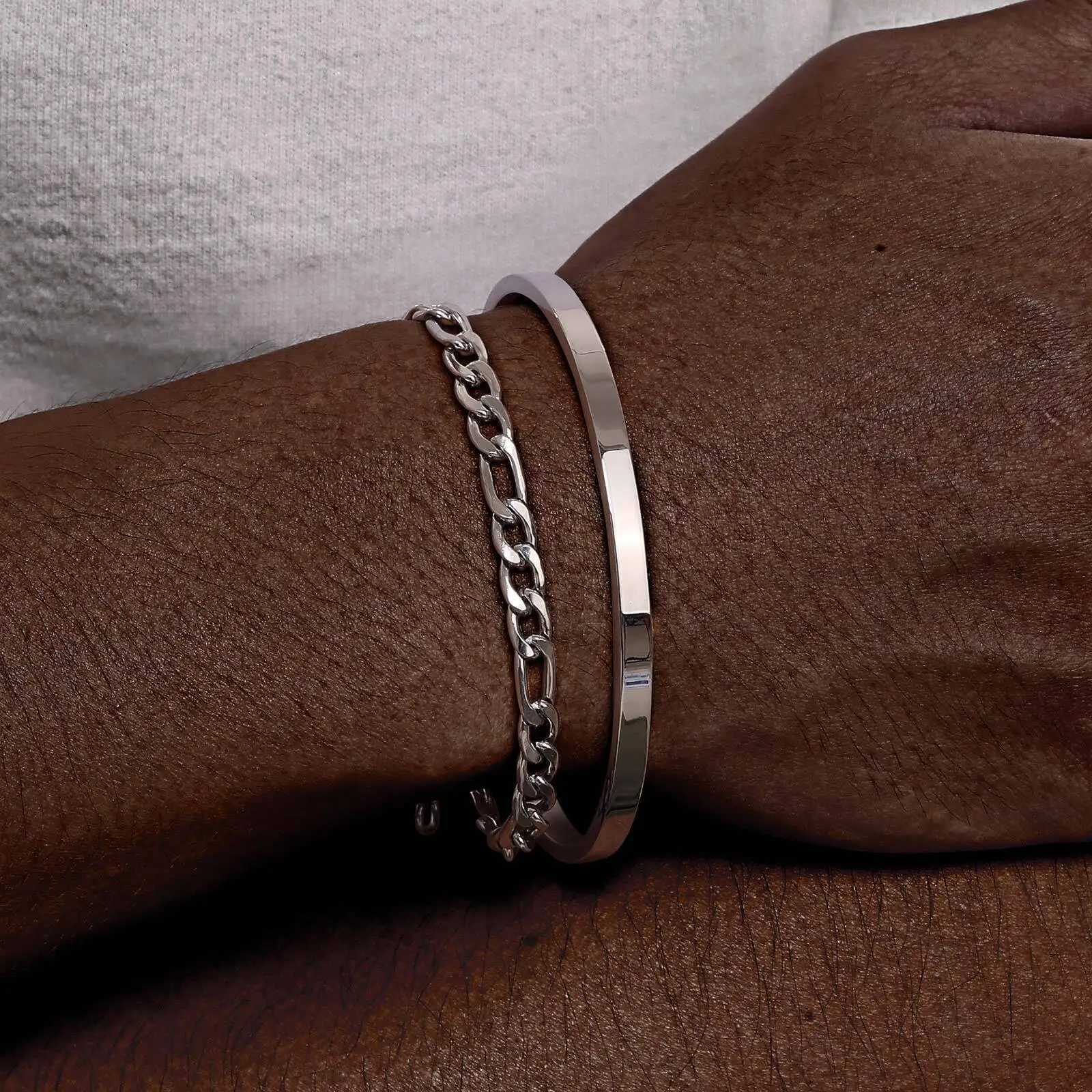 2pcs/set Figaro Chain Bracelet for MenSilver Color Stainless Steel Cuff BanglesStylish Layered Bracelet Gift for Him BoyXJ251105