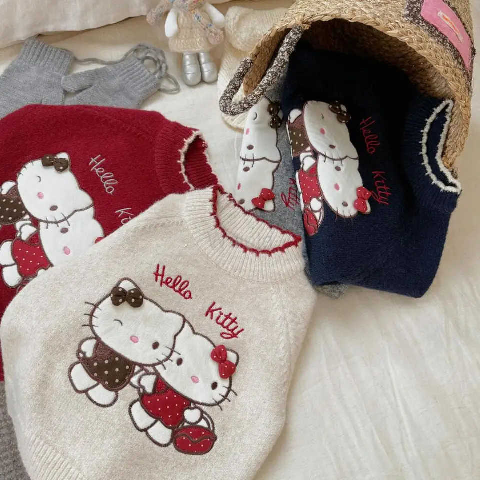 Sanrio Hello Kitty Girls Sweater Cartoon Kt Cat Pullover Knitting Thicken New Korean Version Childrens Sweater Autumn Winter H251105