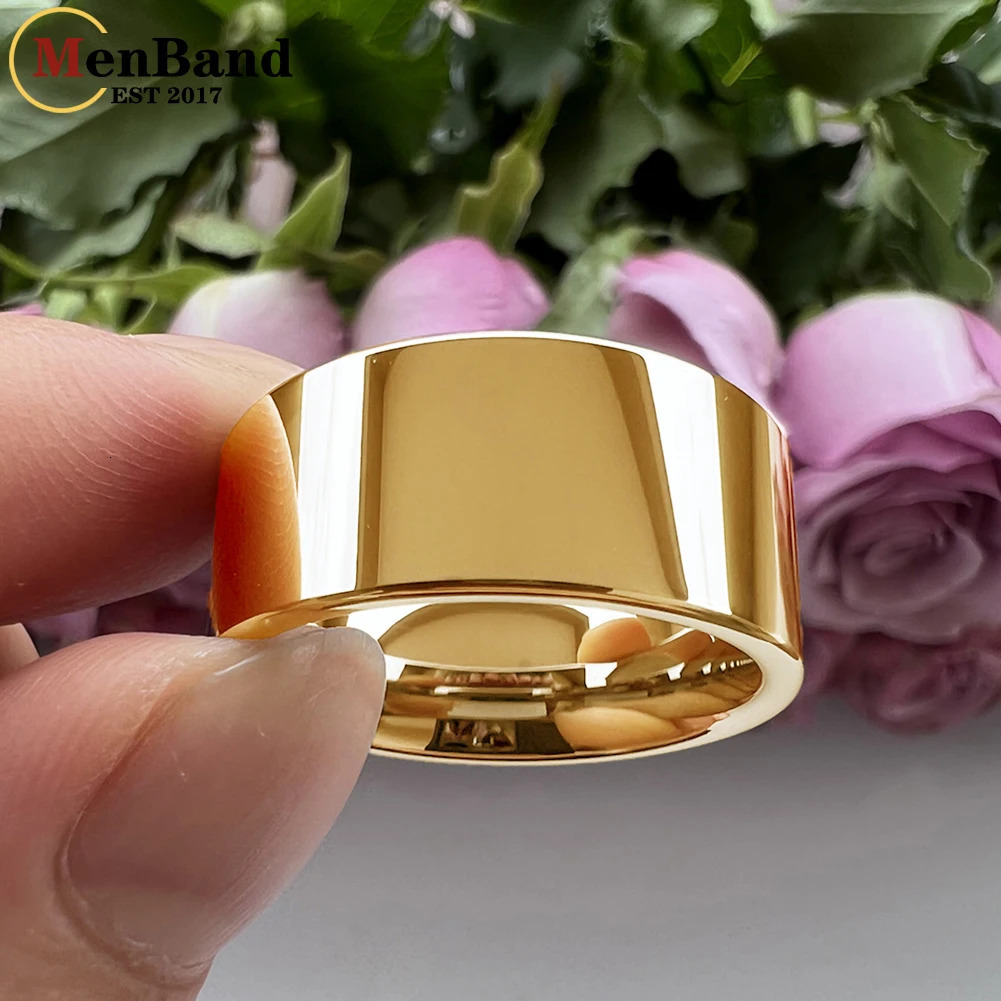 MenBand Gold Color 10MM 12MM Wide Glossy Large Mens Ring Shiny Wedding Ring with Tungsten Flat Finish n Comfortable Fit 251031