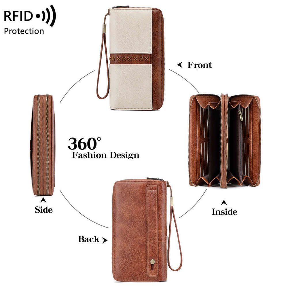 Cross-Border New RFID Women's Double Zipper Contrast Color Long Wallet European and American Retro Large Capacity Men's Clutch