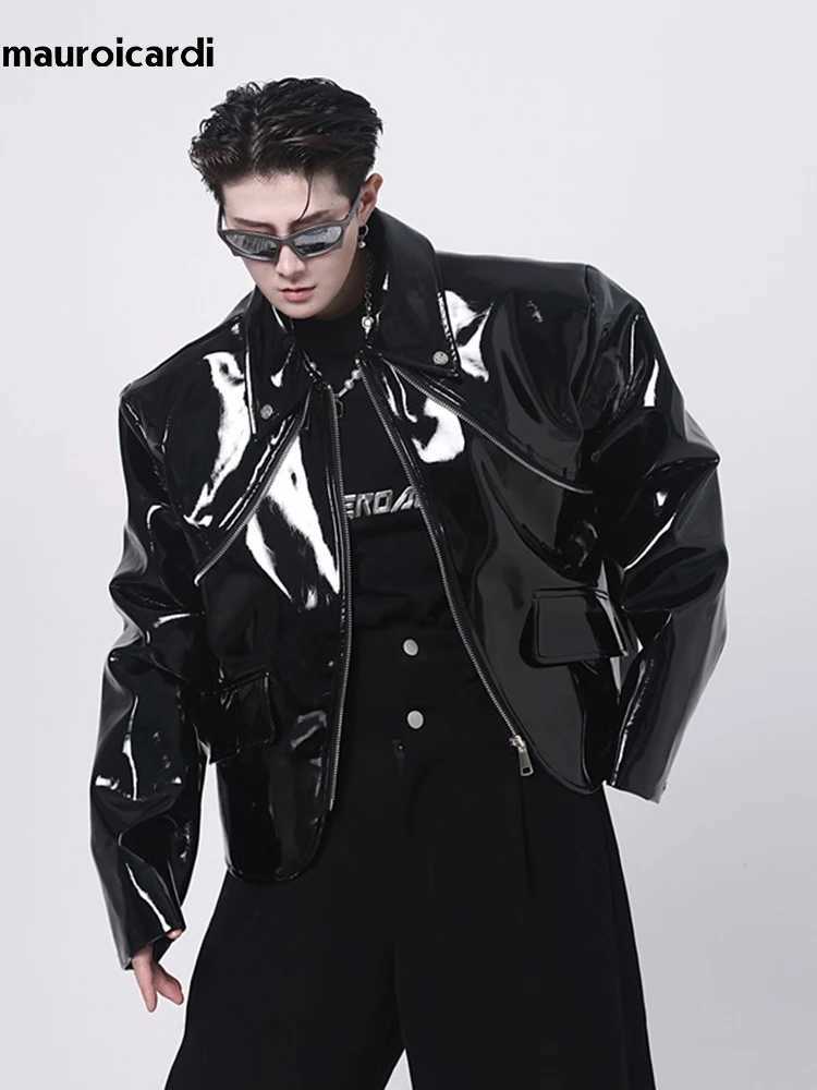 Mauroicardi Spring Autumn Cool Loose Short Black Shiny Reflective Patent Faux Leather Jacket Men Zipper Luxury Designer Clothes C251105