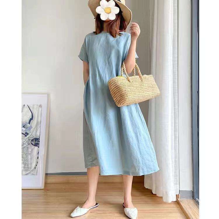 Japanese And Korean Simple Artistic Style Loose Slimming For Women Summer New Plus Size Fat MM Mid-Length Dress B5