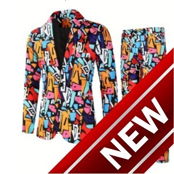 Mens digital printed casual one button suit set top and pants
