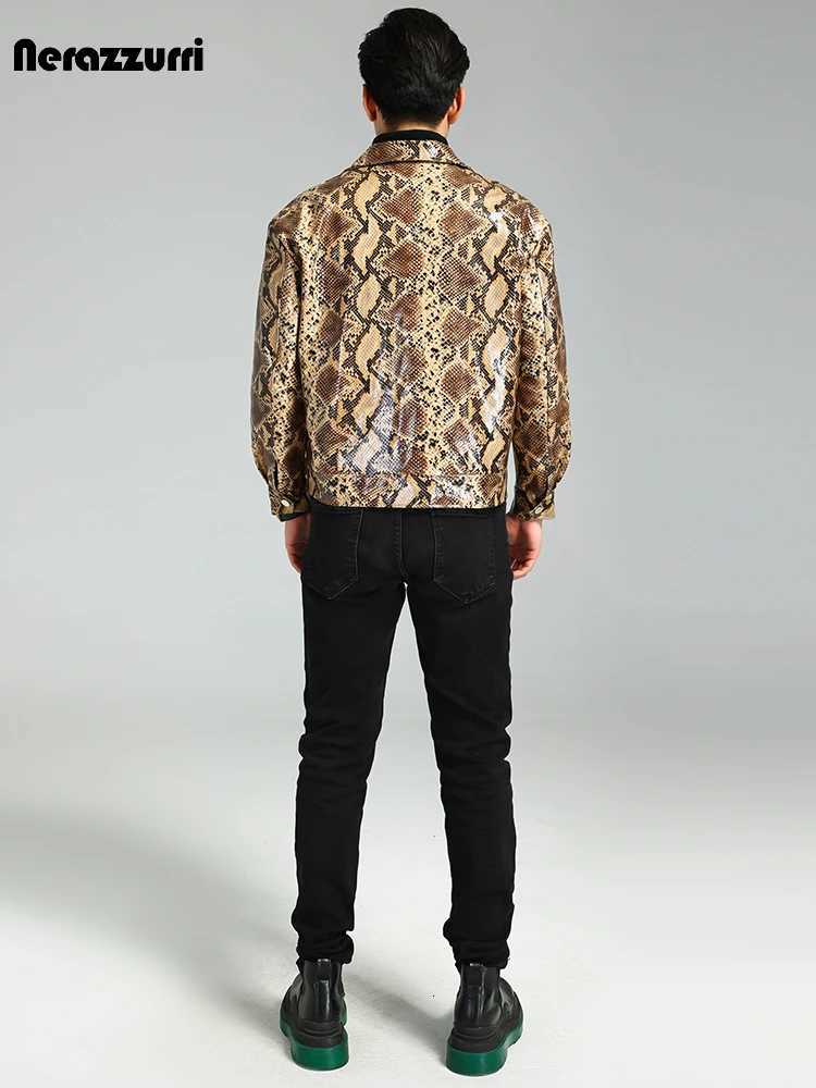 Nerazzurri Autumn Short Handsome Cool Colorful Snakeskin Print Pu Leather Jacket Men Luxury European Style Clothes 2023 EU Size C251105