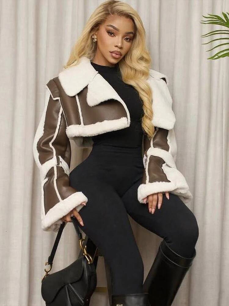 winter jacket women Weird Puss Furry Patchwork Women Crop Jacket Full Sleeve Open Stitch Hipster Streetwear Warm Outwear Basic Wild Coat