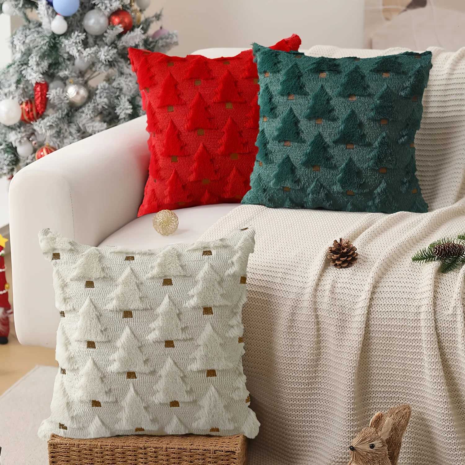 2pcs Christmas Pillow Covers 45x45 cm Beige Christmas Tree Throw Pillow Cases Decorations Soft Covers Winter Holiday Decor Y251105
