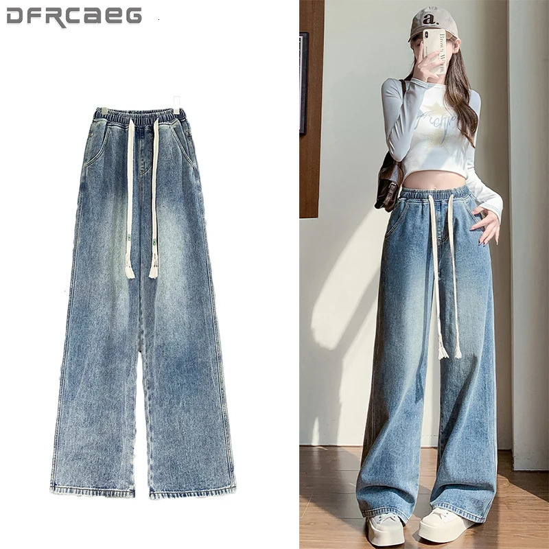 L6XL Plus Womens Large Size Jeans Spring High Waist Straight Blue Mens Wide Leg Loose Brushed 250403