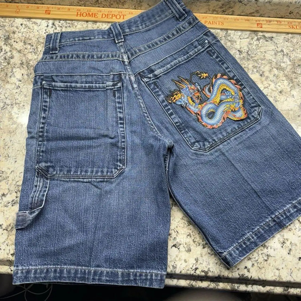 Y2K retro streetwear dragon pattern patch work denim shorts mens hip-hop blue loose Jorts fitness casual shorts 250403