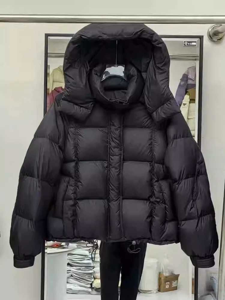 Winter Hooded Loose Short Parker Down Jacket Female Zipper Pocket Fluffy Thicken Outwears Women White Duck Down Puff Warm JacketT251105