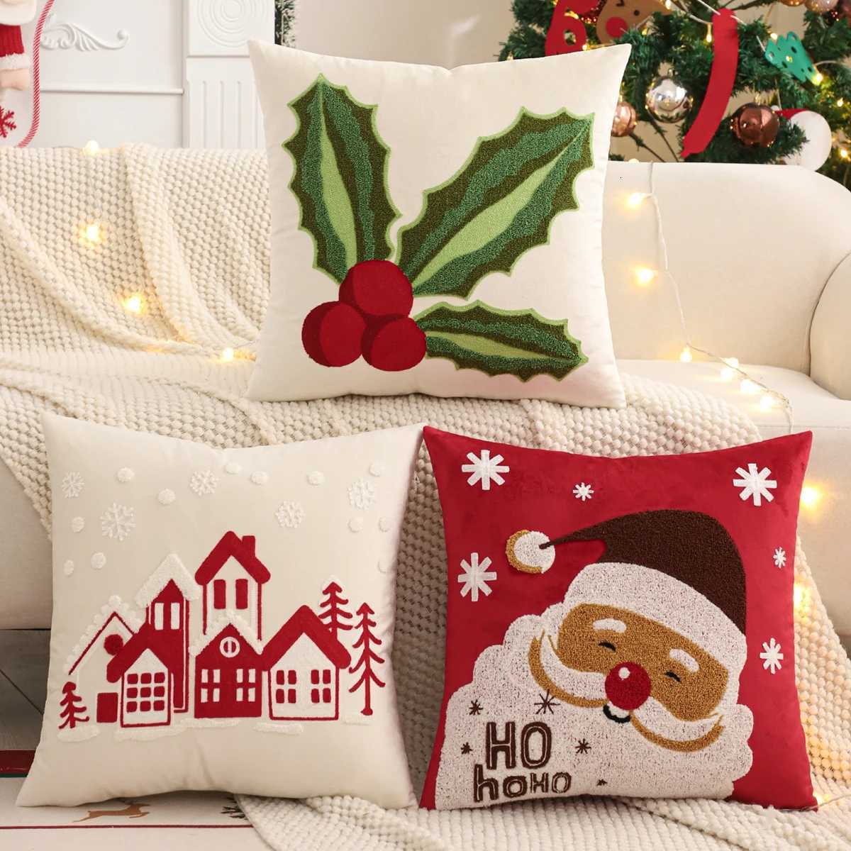 Embroidery Throw Pillow Cover Christmas Decoration Velvet Soft Santa Claus Flowers Winter Farmhouse Home Sofa Living Room Y251105
