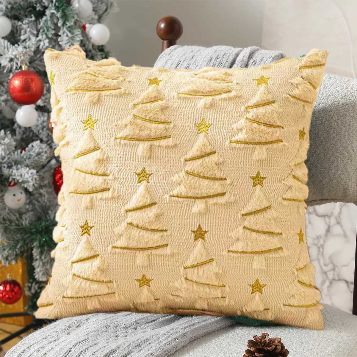 1pc plush Christmas tree Pillow Covers emerald plush Christmas tree pillowcase with golden stars and pine branches design -18in Y251105
