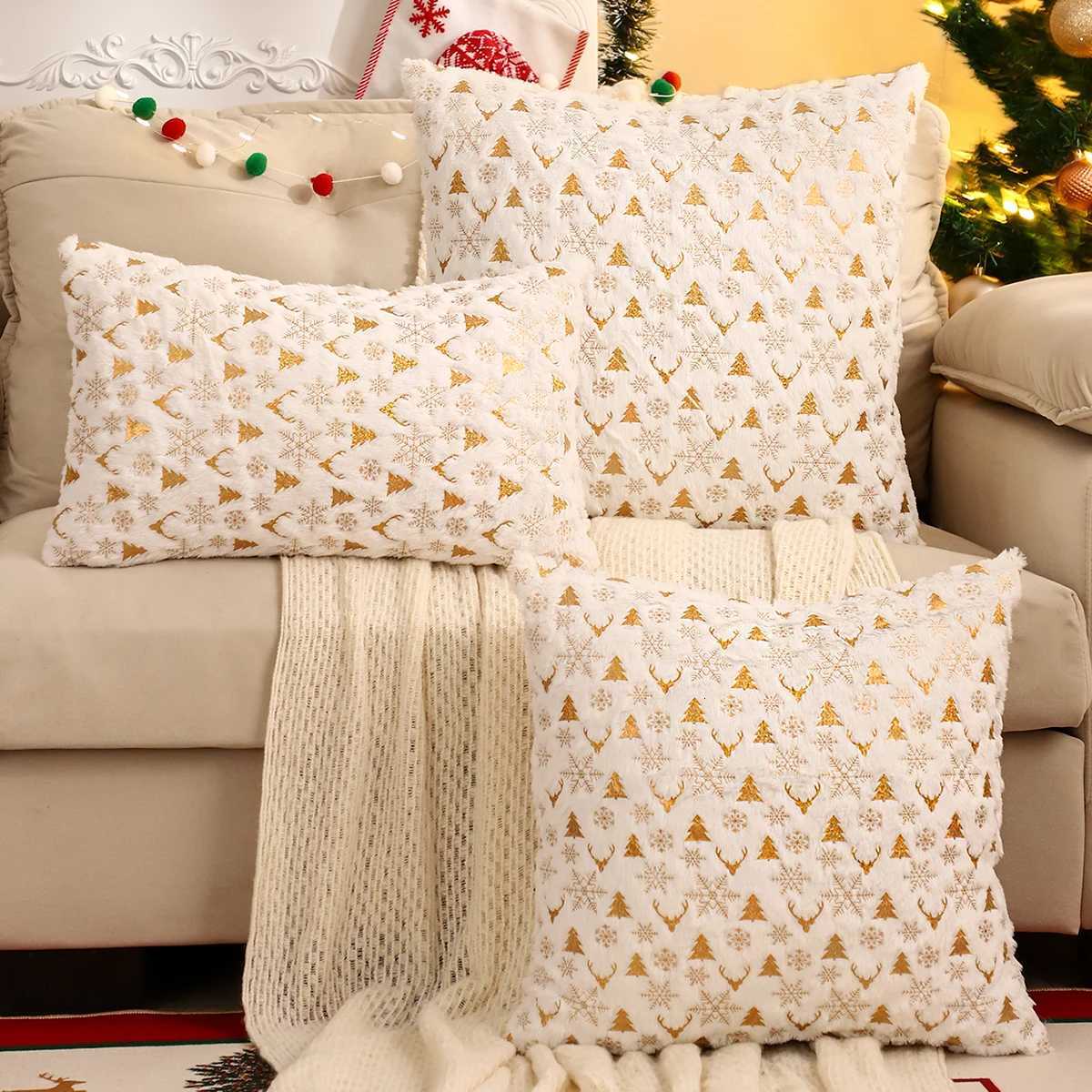 1 PC Christmas Throw Pillow Cover Winter Plush Bronzing Christmas Decoration Living Room Y251105