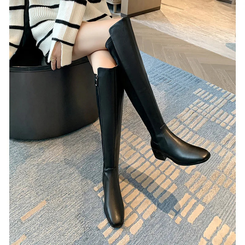 MKKHOU Fashion KneeHigh Boots Women High Quality Real Leather Stitching Low Heel Leather Boots Daily High Boots Winter 251031