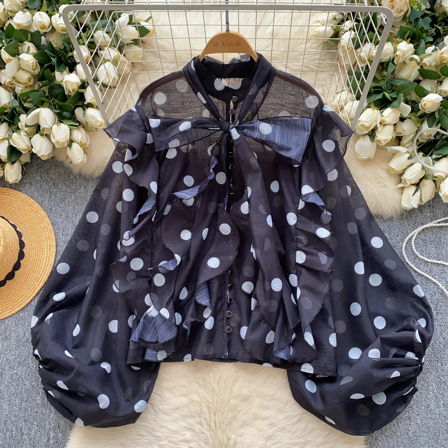 Womens bow lace retro lantern long sleeved ultra-thin fashion polka dot mesh chiffon shirt sweetheart spring outfit 250402