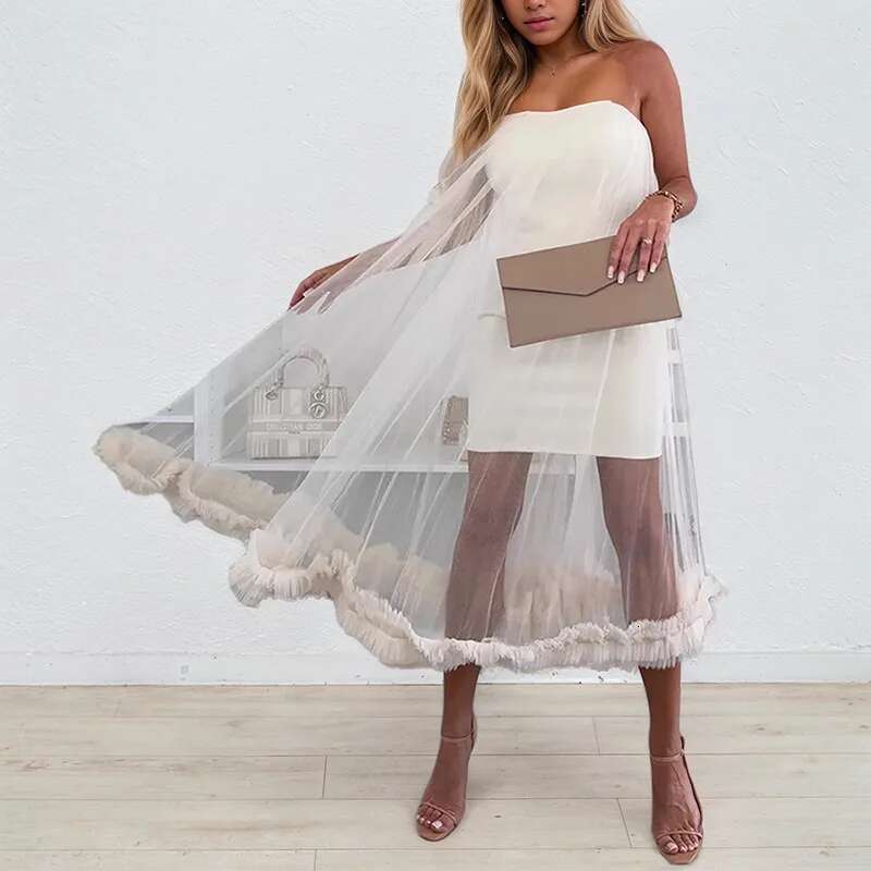 Women's Fashion Sleeveless Strapless Solid Color Dresses New Arrival Trendy Mesh Patchwork Evening Dress Female 33A2633