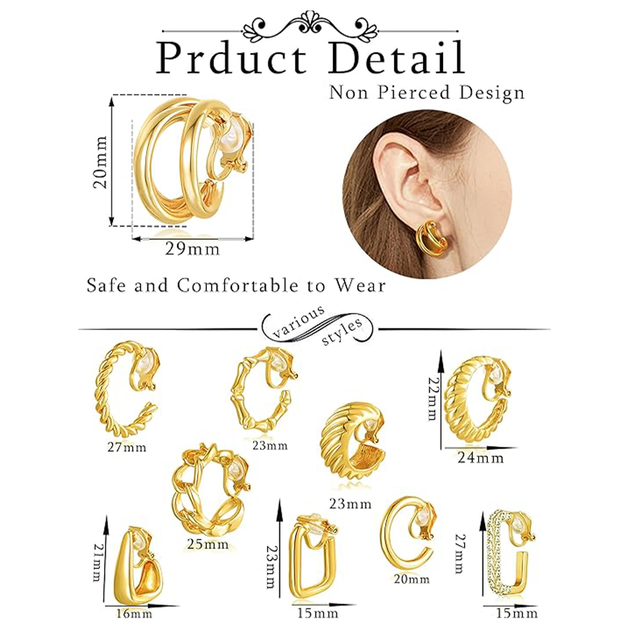 10 Pairs Clip on Hoop Earrings for Women Men Twist Round CZ Chunky Hoop Clip Earring No Piercing Fake Earrings Sets Gold Tone