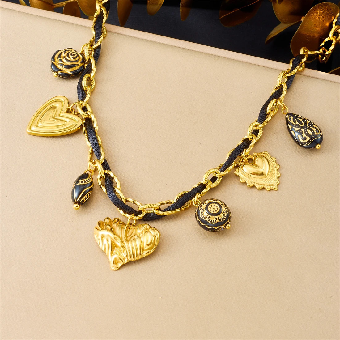 DIEYURO 316L Stainless Steel Golden Irregular Striped Heart Black Rose Flower Pendant Necklace Lady Trend Rope Chain Jewelry 251031