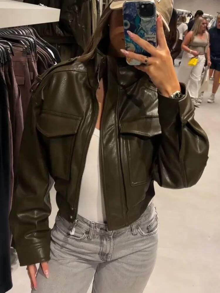 winter jacket women Autumn Leather Bomber Jackets Women Chic Y2K Long Sleeve High Collar Zipper Motorcycle Coats Lady Street Cropped Outerwear