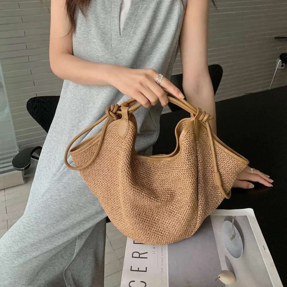 French Lazy Wind Summer Vacation Travel Beach Tote Medium Natural Raffia Straw Yarn Knitting Women Armpit Shoulder Bag