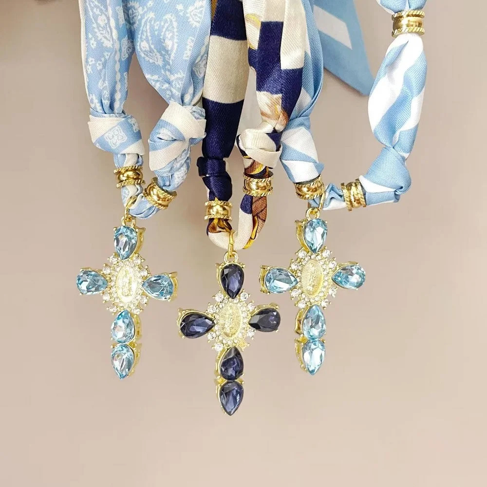 Blue Navy Pink Cross Bandana Necklace Rhinestone Cross with Virgin Mary Medallion Fashion Adjustable Scarf Chocker 251031