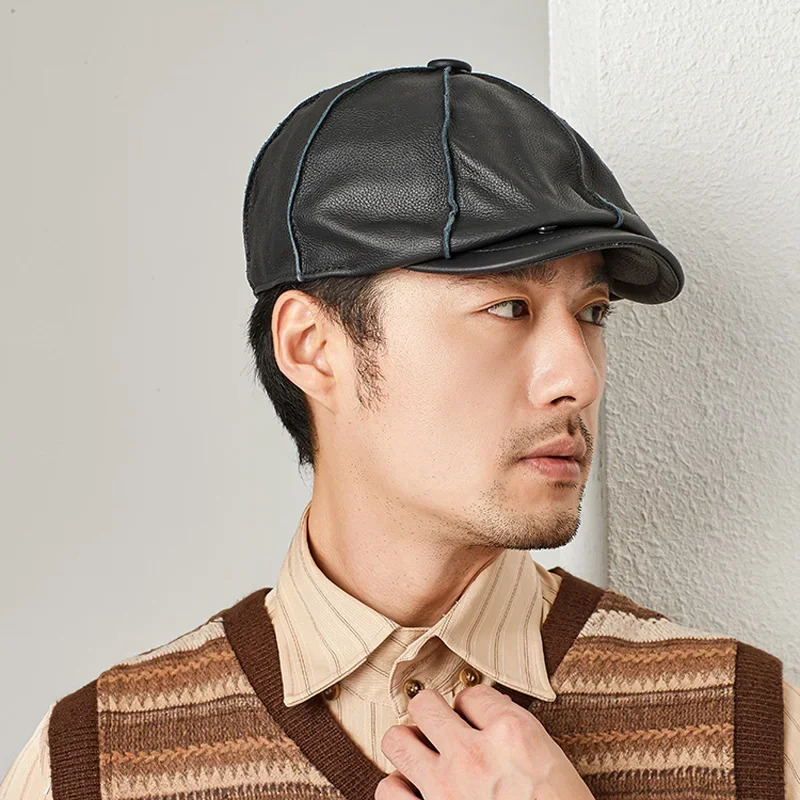 Casquette Genuine Leather Beret Hat Winter Mens Cowhide Leather Elegant Fashion Student Tongue Cap Caps For Driver 251104
