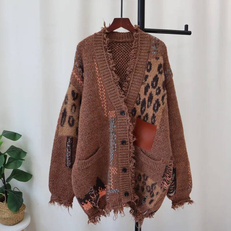 winter jacket women WTHT Trendy Women's Spliced Vintage Leopard Loose Knitted Cardigan Winter Fashion V-neck Long Sweater Female 1LS593