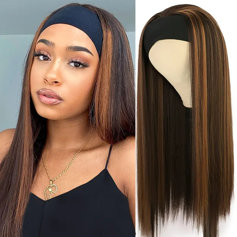 Natural Brown Gold Ombre Wig - Long Straight Synthetic Fiber with Adjustable Band for Comfort