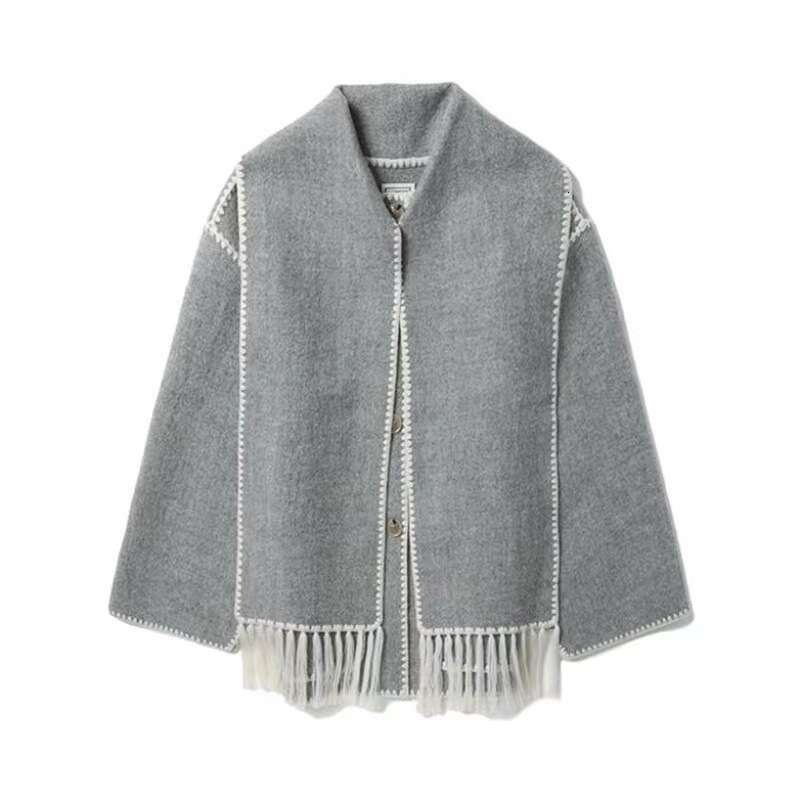 2025 Autumn Winter New Fashion Woolen Coat Thick Loose with Scarf Tassel Women's Style