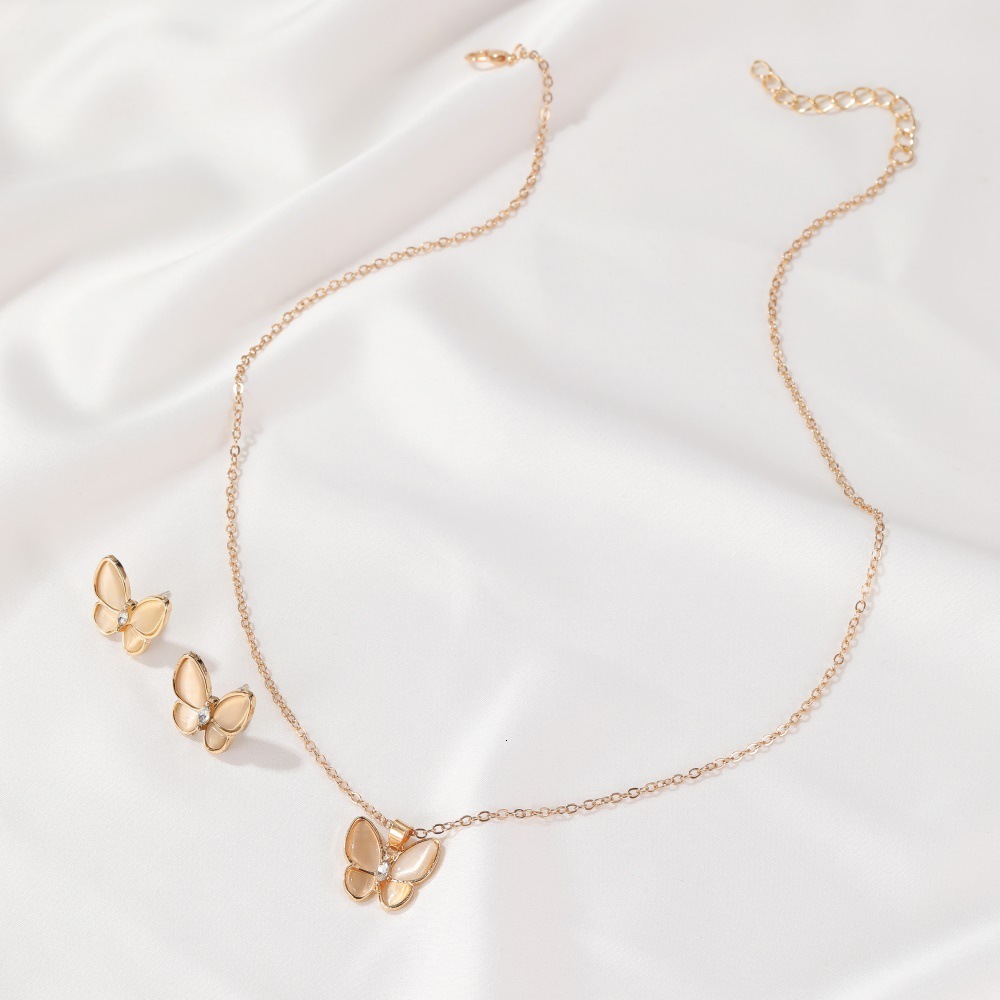 New Set Jewelry Simple Versatile Cat's Eye Stone Necklace Elegant White Mother-of-Pearl Butterfly Earrings
