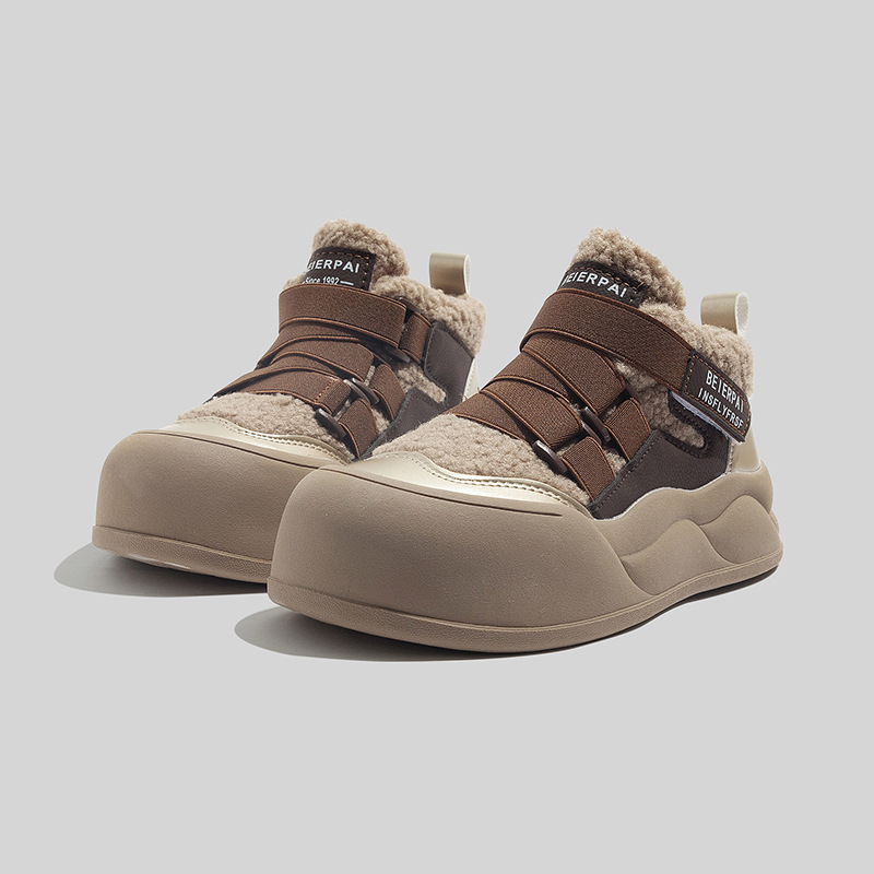 Lamb fleece high-top white shoes women's winter new casual shoes warm two cotton shoes round toe snow boots2025