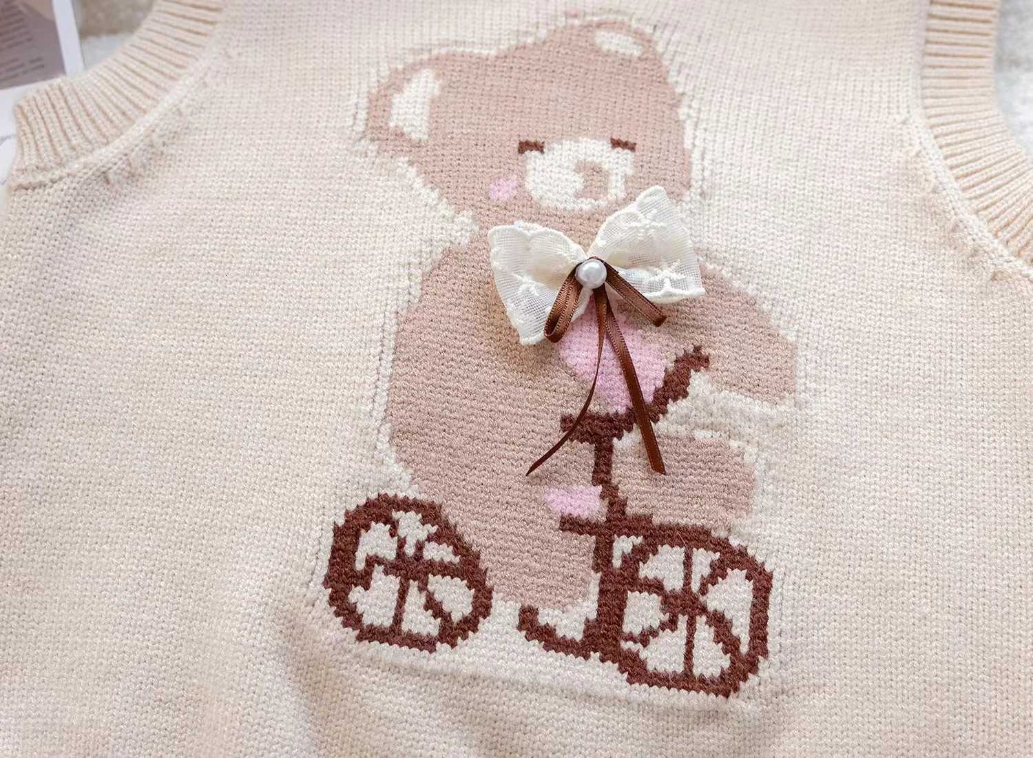 Girls 3pcs Set Sweet Knitted Waistcoat Shirt Cartoon Vest Pleated Skirt Autumn Children Kids Infants Outfit Y251105