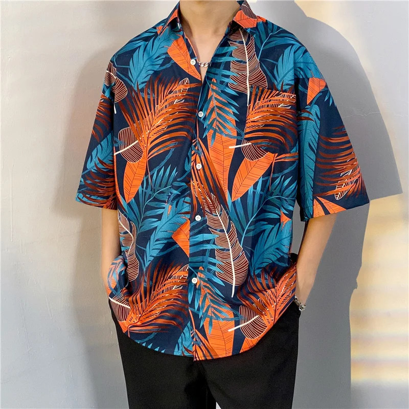 3D printed Hawaiian shirt mens short sleeved tropical Tiki style casual loose beach shirt summer floral Aloha shirt mens 250403
