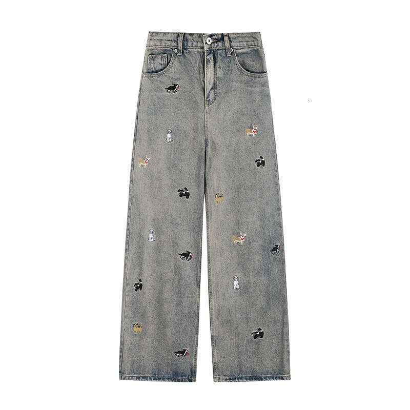 Cartoon Puppy Embroidery Fashion Jeans For Men, Fashionable Spring Couple Straight Pants, Loose Niche Casual Pants B5