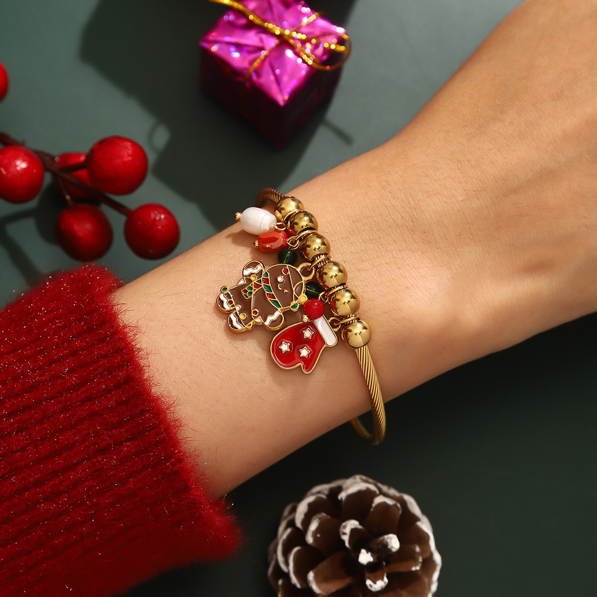 Stainless Steel Bracelet Santa Claus Elk Bell Wreath Bracelet 18k Gold Plated Handmade Christmas Gift