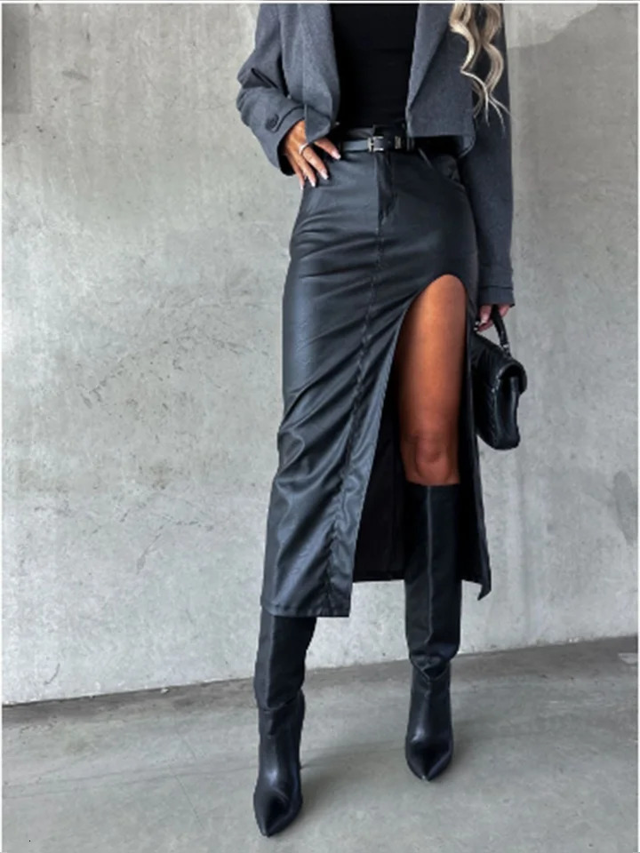 Womens sexy black slit skirt slim hip street party fashionable punk autumn 250324