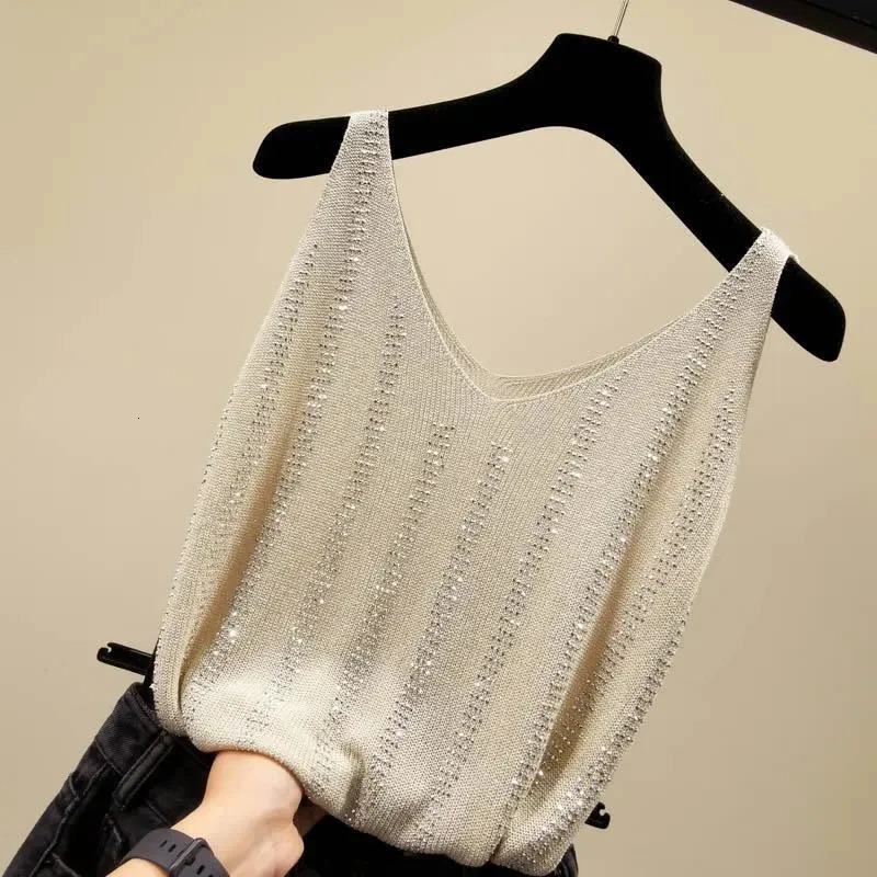 Rheinstone vest elegant sleeveless shiny loose knit vest summer womens top aesthetic clothing 250403