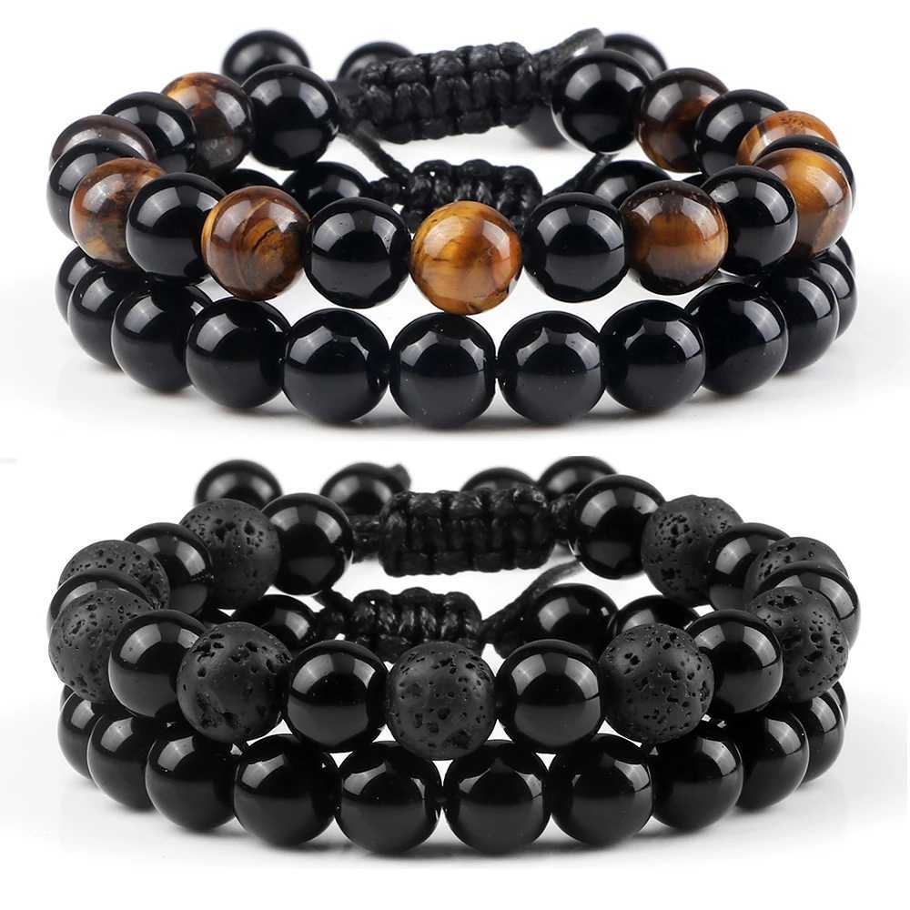 Hot 2pcs/set Men Beadeds Tiger Eye Lava Natural Stone Onyx Beaded Couple Distances For Women Jewelry Pulseras C251105