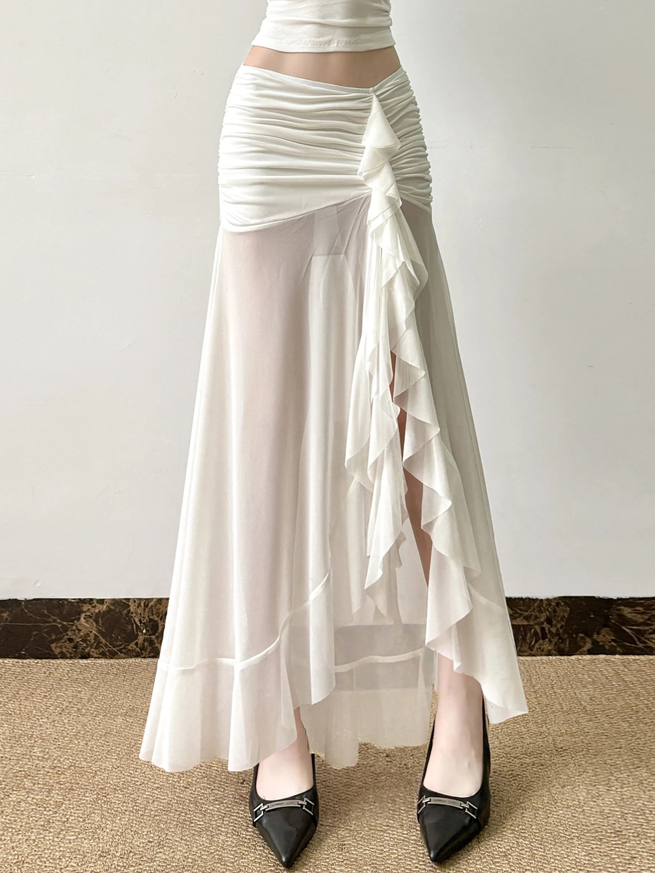 IAMSURE Holiday Ruffles Split Mesh Skirts See Through Beach Style Solid Low Waisted Maxi Skirts Women Summer Fashion Women 250402