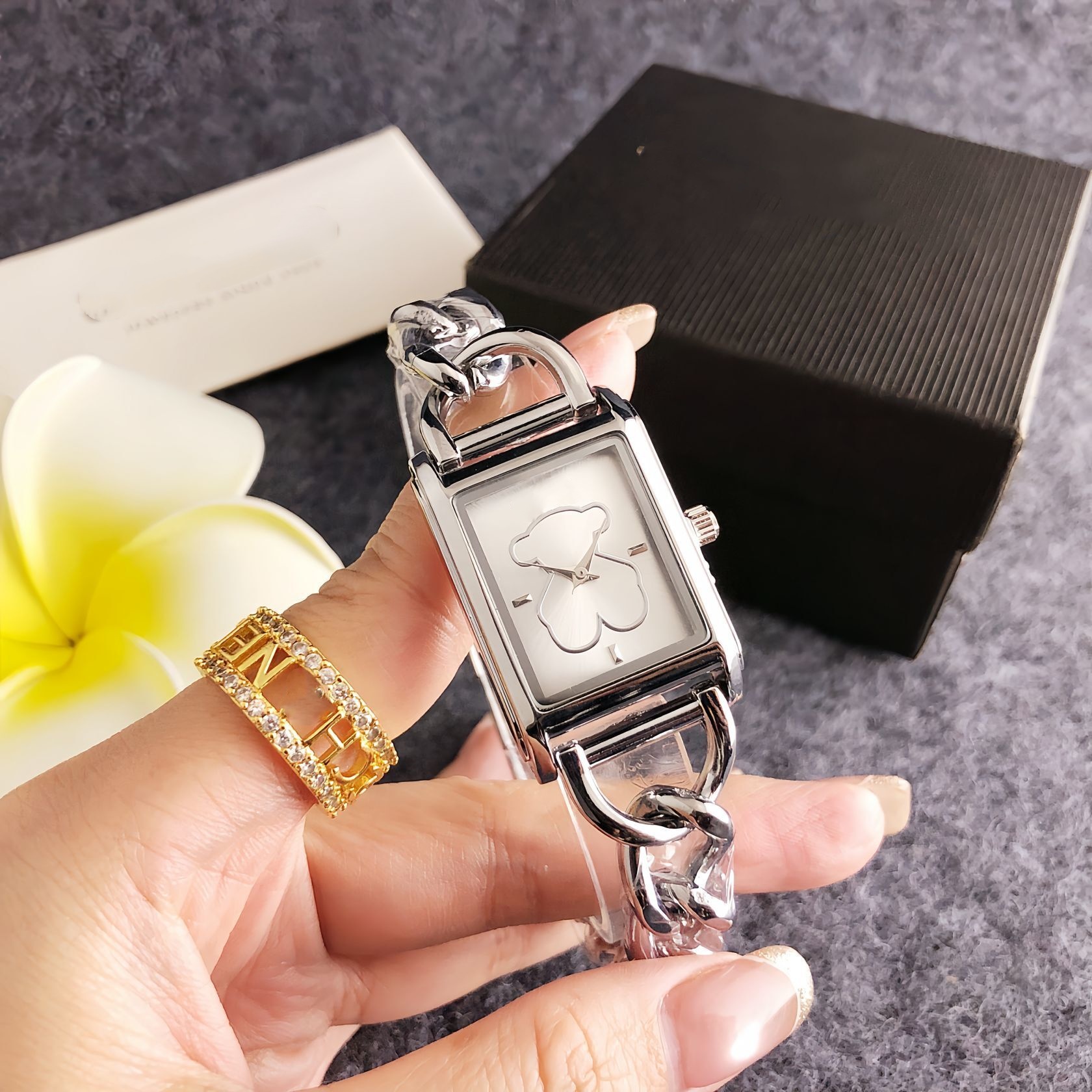 New Fashion Women Men Silver Rose Gold Stainless Steel Bear White Black Blue Square Electronic Watch Wire Pulsera Span Chain Bracelet Jewelry Gift