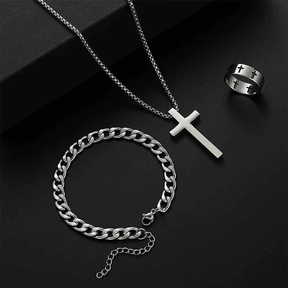 3pcs Set Mens Stainless Steel Metal Cross Pendant Chain Necklace Bracelet Ring Jewelry Male Hip Hop Daily Wear Accessories 251104