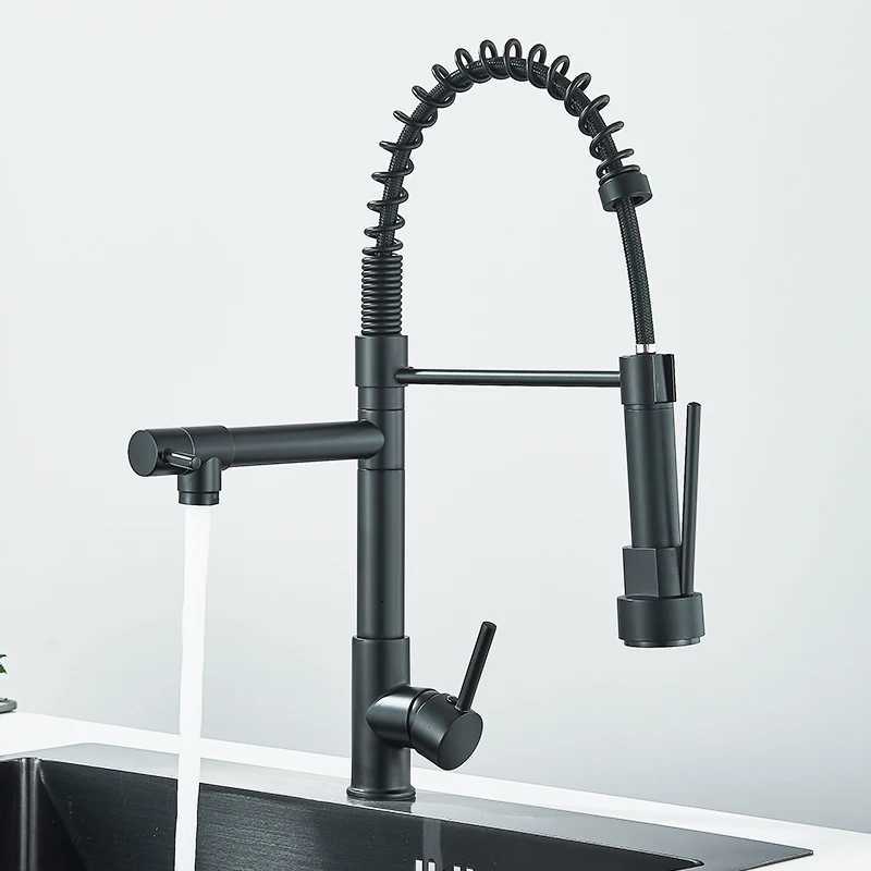 Rozin Black Spring Pl Down Kitchen Sink Faucet Deck Mounted Dual Spout Hot Cold Water Mixer Tap CraneSingle HandleSUS 304 Y251104