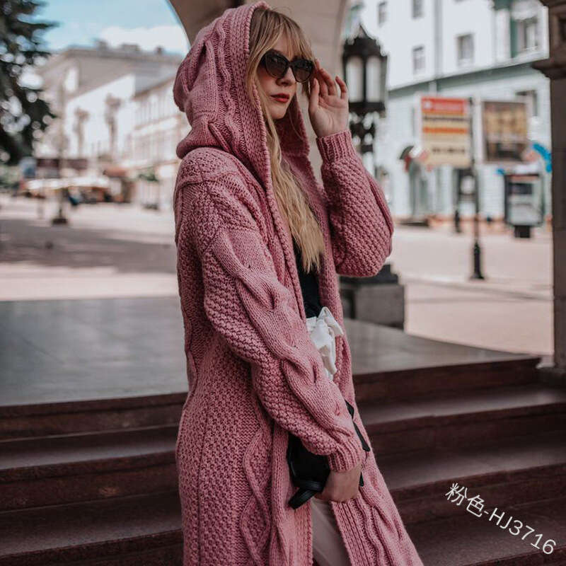 Foreign Trade New Style Wish European and American Autumn Winter Hot Sale Solid Color Hooded Long Loose Cardigan Sweater Braided Knitwear for Women